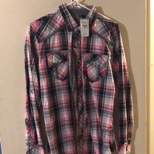 BKE long sleeve button up, pink/black/white, small